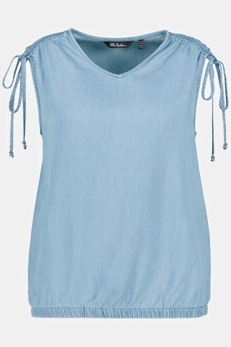 Shirred Shoulder Denim Look Lyocell Tank Blouse