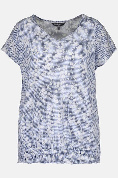 Gingham Floral V-Neck Cap Sleeve Elastic Hem Blouse