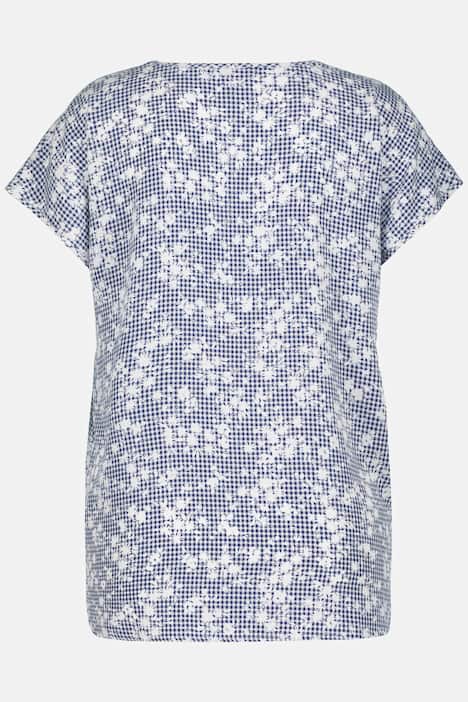 Gingham Floral V-Neck Cap Sleeve Elastic Hem Blouse