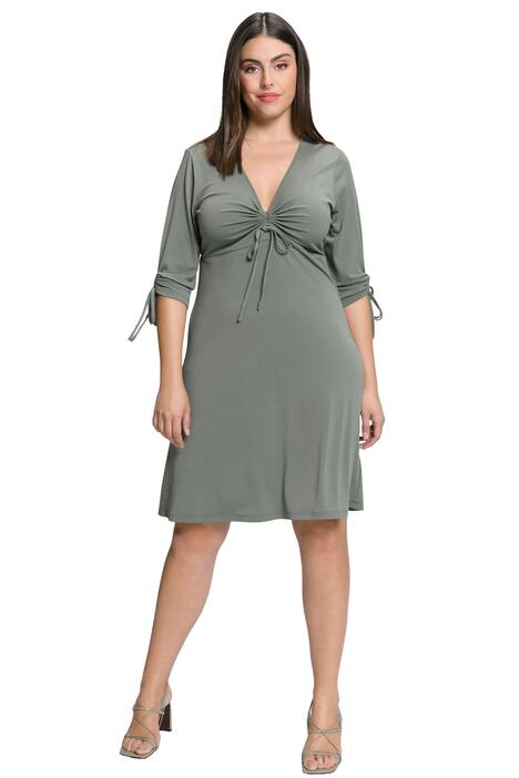 Midi šaty, A střih, výstřih do V, řasící stuha, 3/4 rukávy