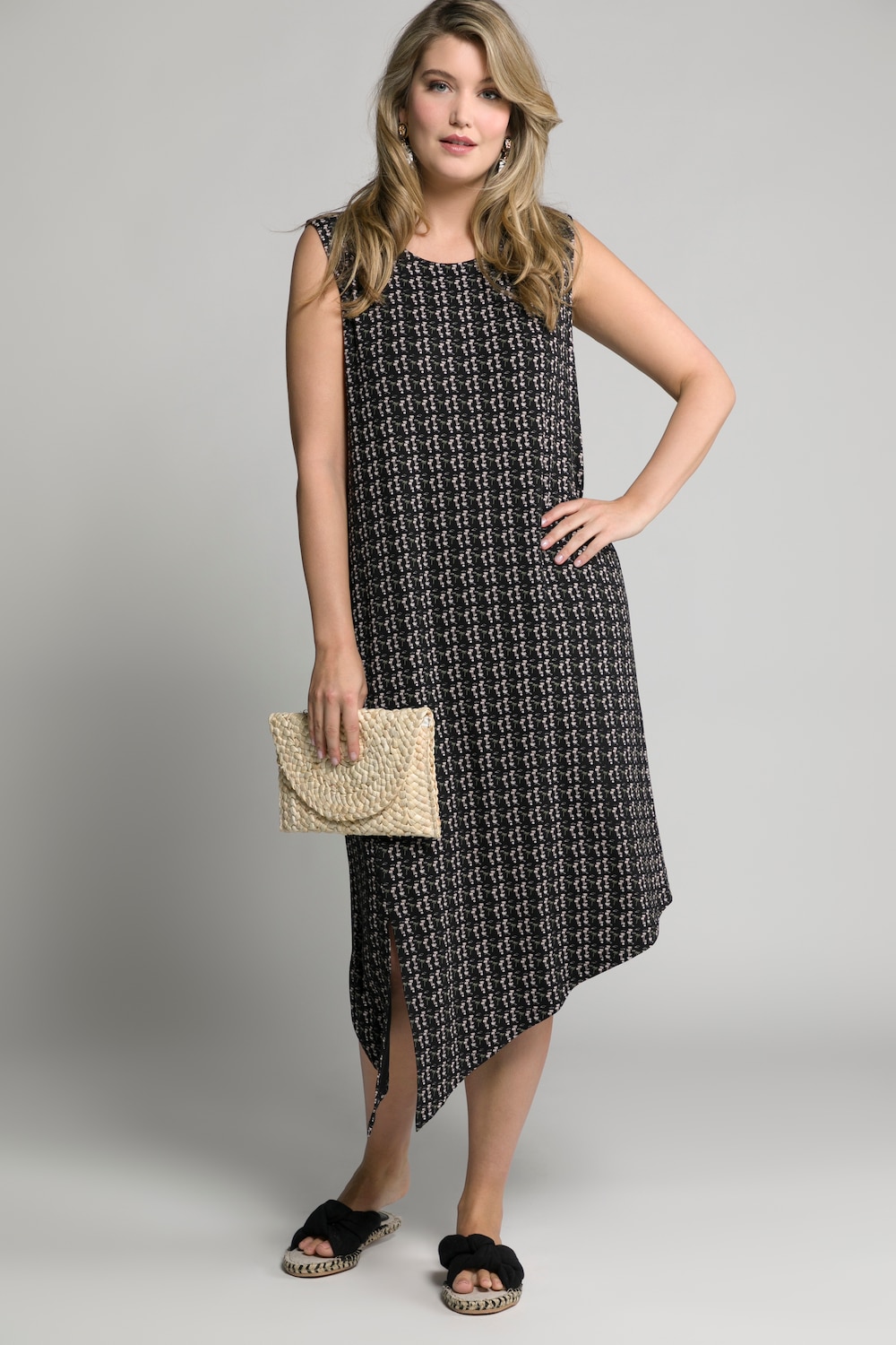 Plus Size Mini Palm Print Asymmetric Hem Stretch Knit Tank Dress, Woman, black, size: 16/18, viscose, Ulla Popken