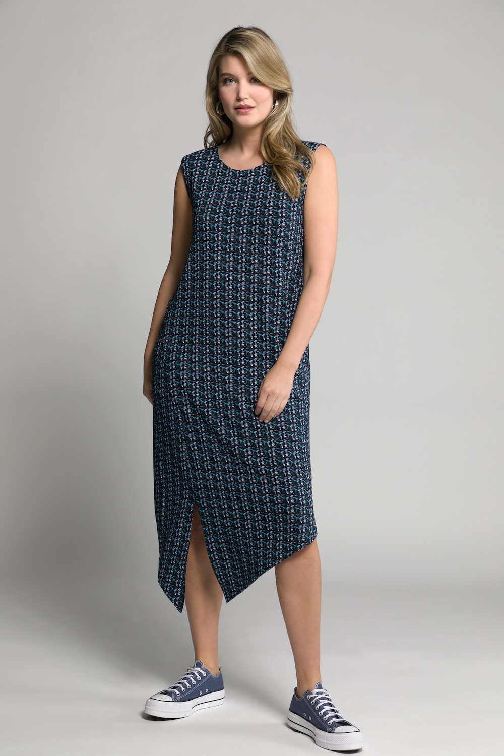 Plus Size Mini Palm Print Asymmetric Hem Stretch Knit Tank Dress, Woman, blue, size: 16/18, viscose, Ulla Popken