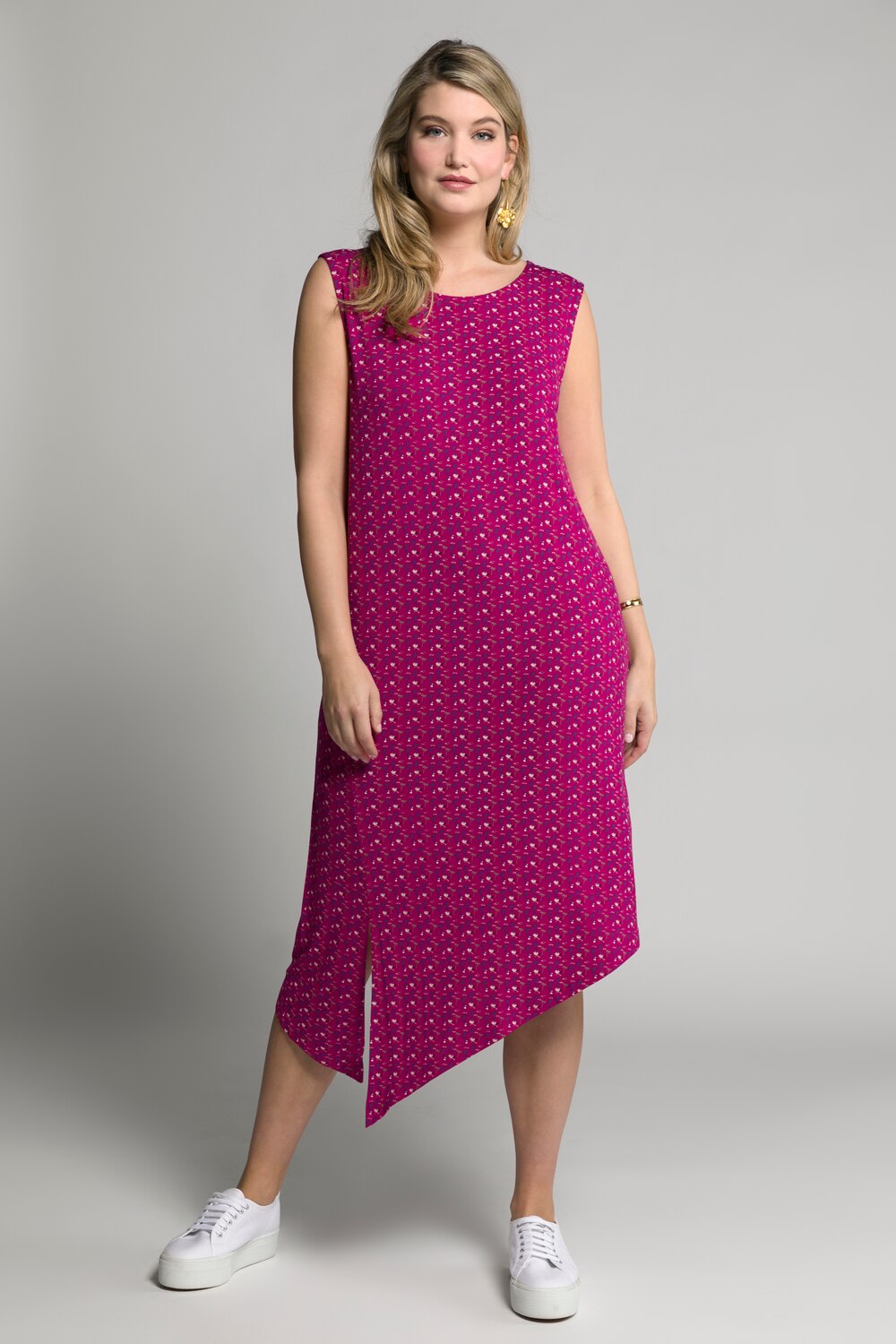 Plus Size Mini Palm Print Asymmetric Hem Stretch Knit Tank Dress, Woman, pink, size: 16/18, viscose, Ulla Popken