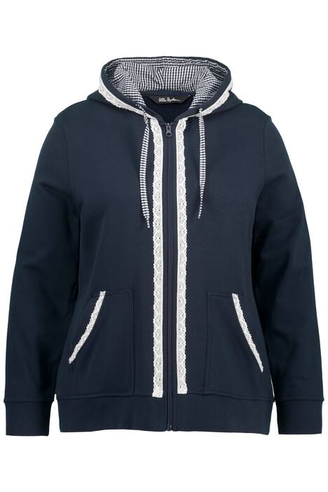 Tradiční tepláková bunda, kostkované detaily, kapuce, krajka