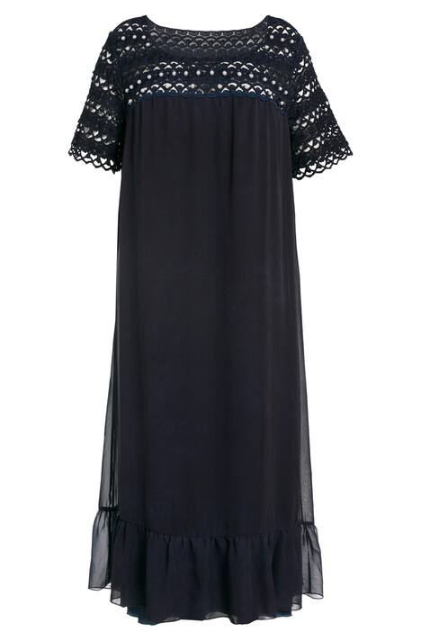 Maxi šaty, krajka, perlová výšivka, kulatý výstřih, krátké rukávy