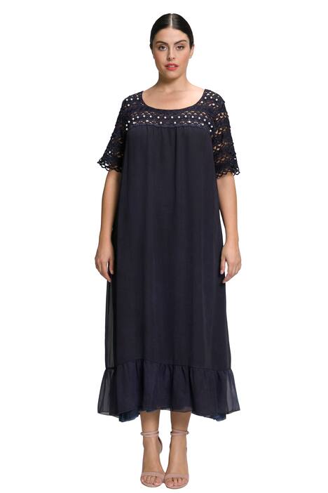 Maxi šaty, krajka, perlová výšivka, kulatý výstřih, krátké rukávy