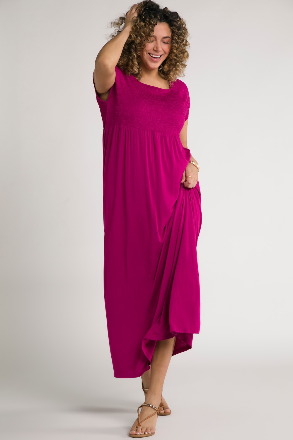 Grote Maten gesmokte jurk, Dames, roze, Maat: 42/44, Viscose, Ulla Popken