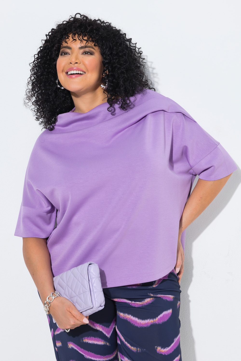Sweatshirt, Zierfalten, Oversized, Stehkragen, Halbarm