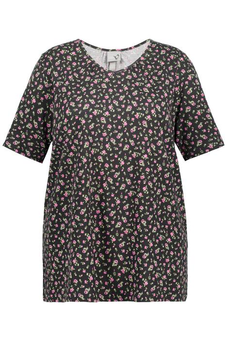 Tradiční tričko, květy, A střih, výstřih do V, krátké rukávy