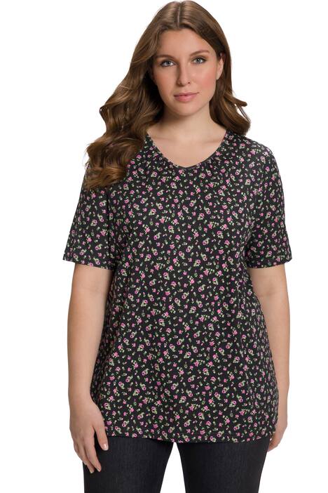 Tradiční tričko, květy, A střih, výstřih do V, krátké rukávy