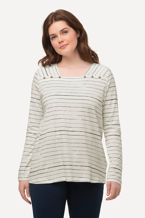 Eco Cotton Button Detail Square Neck Stripe Tee | T-Shirts | Knit Tops ...
