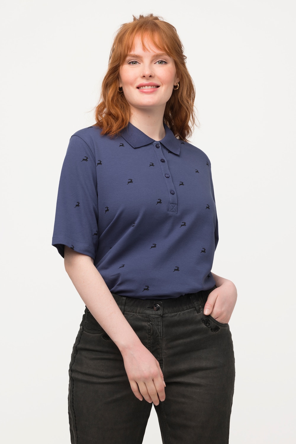 Grote Maten folklore poloshirt, Dames, blauw, Maat: 42/44, Katoen, Ulla Popken