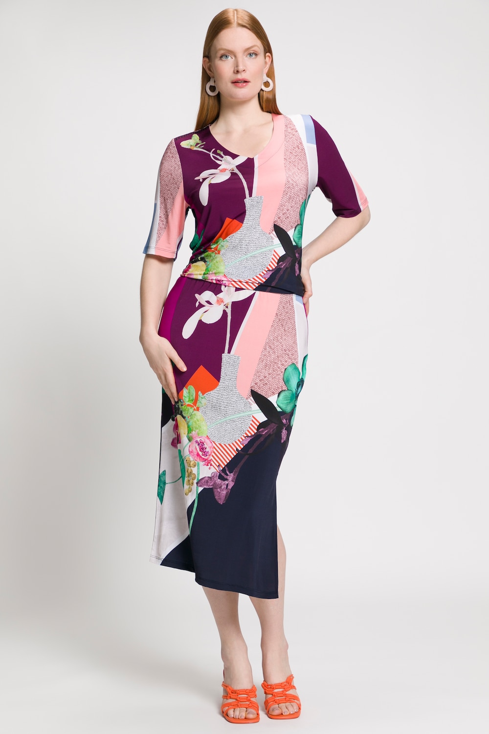 Plus Size Floral Patch Elastic Waist Slinky Stretch Knit Skirt, Woman, pink, size: 16/18, viscose, Ulla Popken