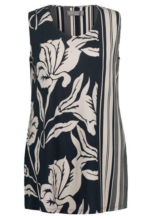 Dlouhý top, květovaný design, pruhy, kulatý výstřih, bez rukávů