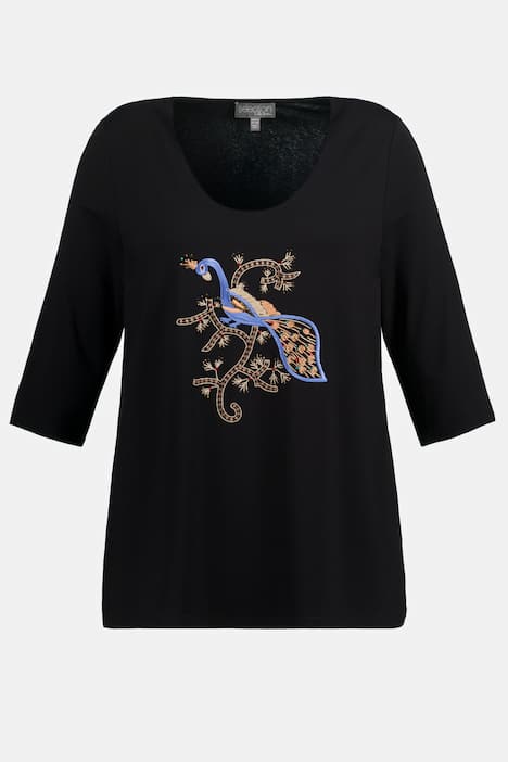 T-shirt z wyszywanym pawiem, dekolt w szpic, rękaw 3/4