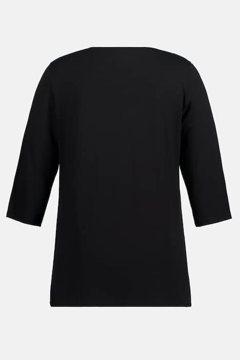 T-shirt z wyszywanym pawiem, dekolt w szpic, rękaw 3/4