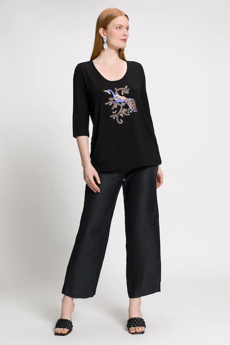 T-shirt z wyszywanym pawiem, dekolt w szpic, rękaw 3/4