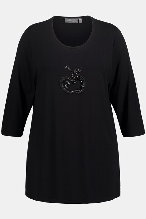 Shirt, Apfel-Stickerei, Ziersteine, Rundhals, 3/4-Arm