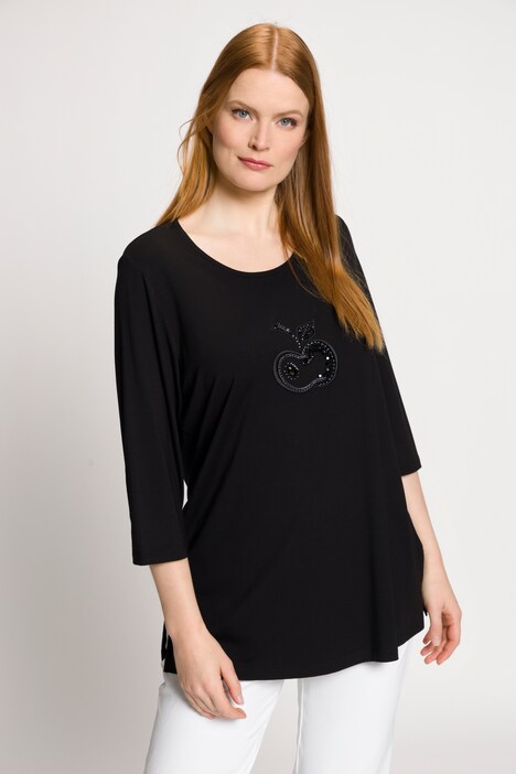 Shirt, Apfel-Stickerei, Ziersteine, Rundhals, 3/4-Arm