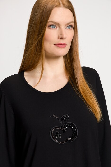 Shirt, Apfel-Stickerei, Ziersteine, Rundhals, 3/4-Arm