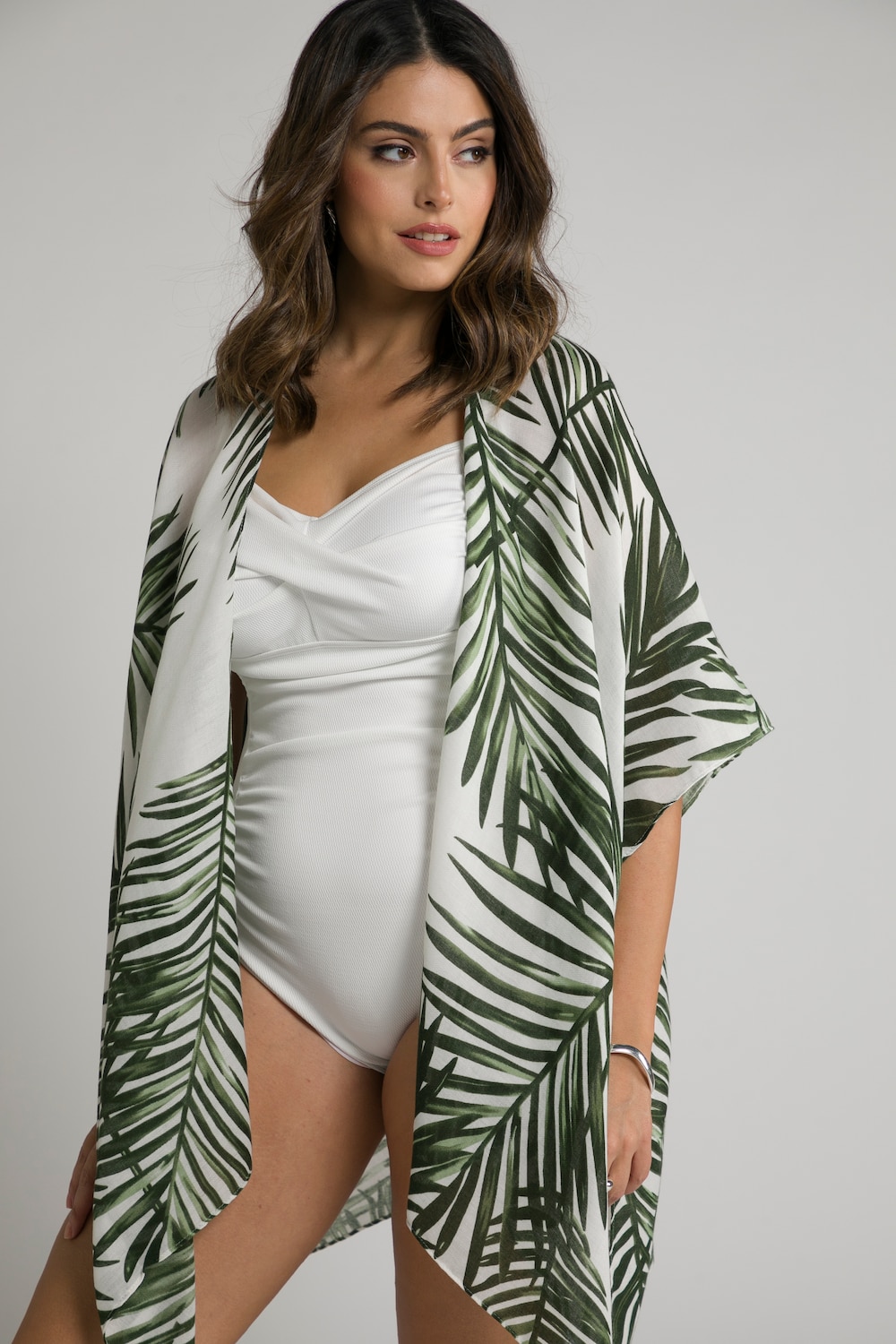 Plus Size Palm Leaf Open Front Pointed Hem Kimono Cover-Up, Woman, white, size: One Size, polyester, Ulla Popken