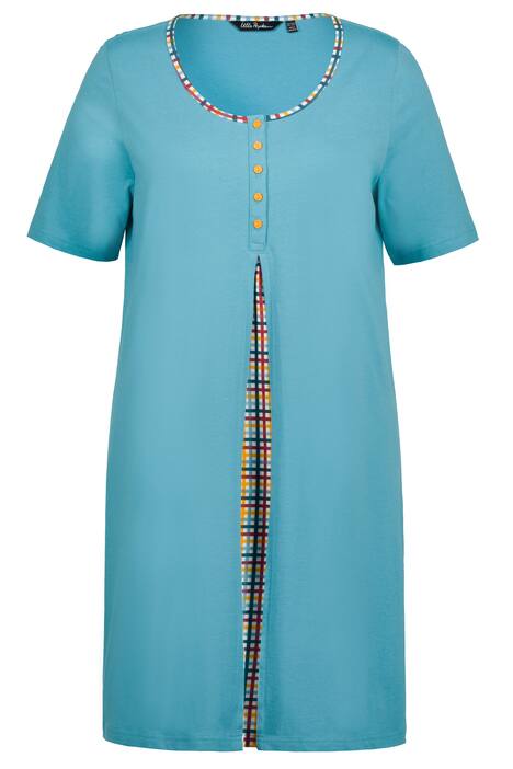 Noční košile, kostkovaná, ozdobné sklady, kulatý výstřih, krátké rukávy