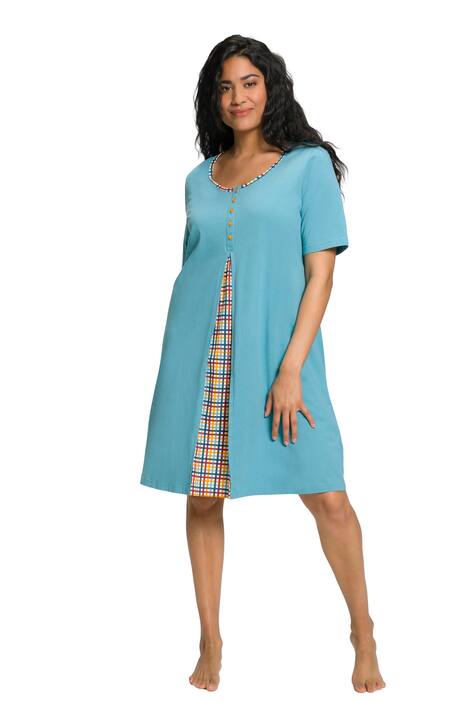 Noční košile, kostkovaná, ozdobné sklady, kulatý výstřih, krátké rukávy