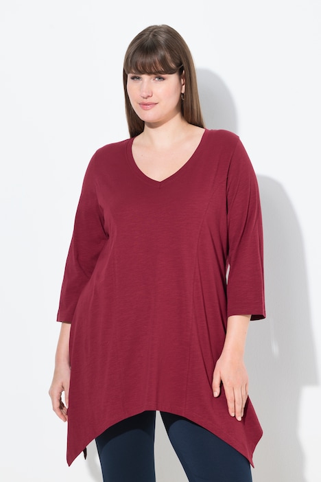 Shirt, Zipfelsaum, V-Ausschnitt, 3/4-Arm, Biobaumwolle
