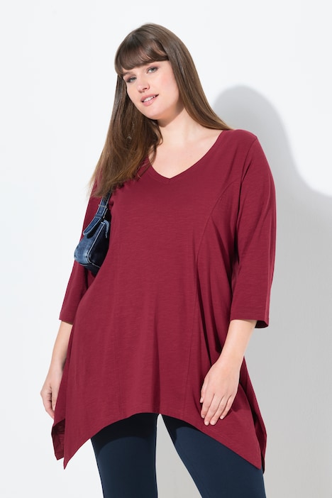 Shirt, Zipfelsaum, V-Ausschnitt, 3/4-Arm, Biobaumwolle