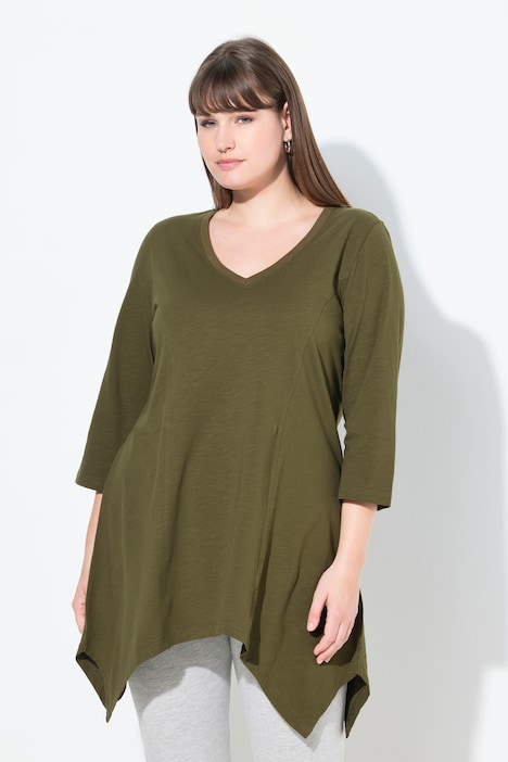 Shirt, Zipfelsaum, V-Ausschnitt, 3/4-Arm, Biobaumwolle