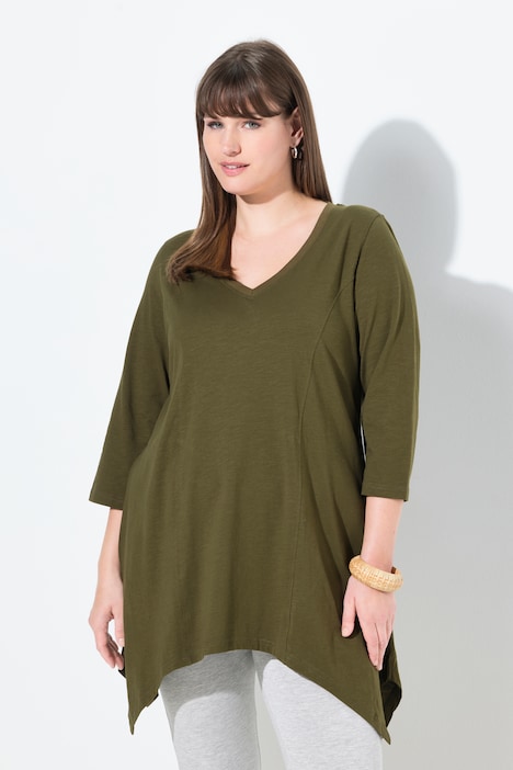 Shirt, Zipfelsaum, V-Ausschnitt, 3/4-Arm, Biobaumwolle