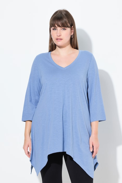 Shirt, Zipfelsaum, V-Ausschnitt, 3/4-Arm, Biobaumwolle