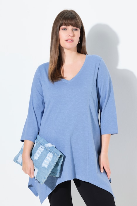 Shirt, Zipfelsaum, V-Ausschnitt, 3/4-Arm, Biobaumwolle