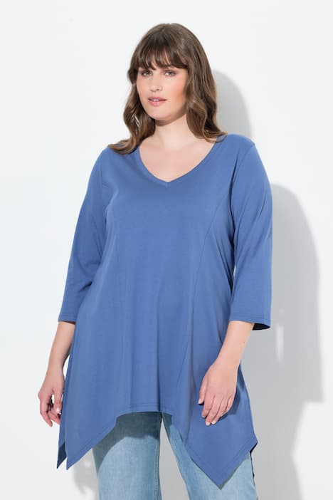 Shirt, Zipfelsaum, V-Ausschnitt, 3/4-Arm, Biobaumwolle