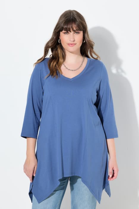 Shirt, Zipfelsaum, V-Ausschnitt, 3/4-Arm, Biobaumwolle
