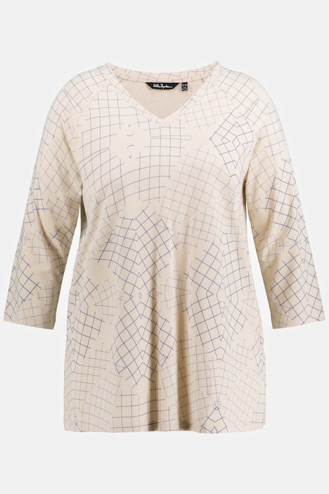 Shirt, Karo, A-Linie, V-Ausschnitt, 3/4-Arm