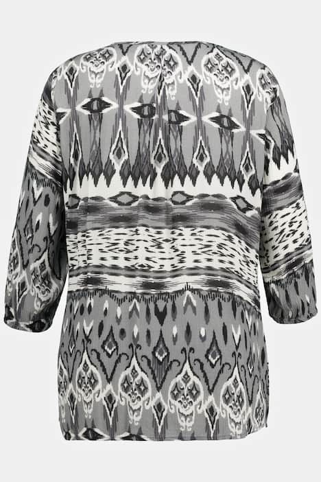 Bluzka, wzorek etno, namarszczony stan, linia litery A, okrągły dekolt, rękaw 3/4