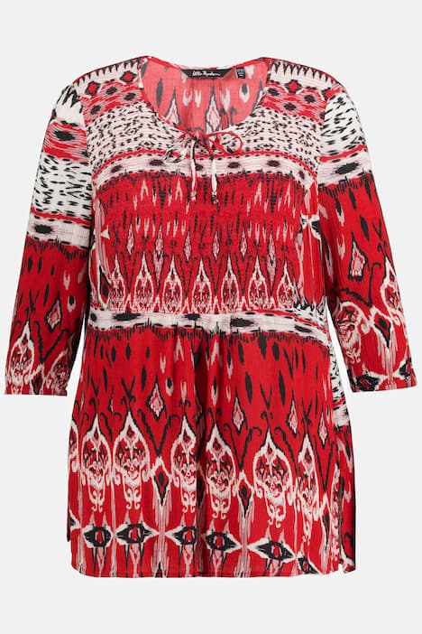 Bluzka, wzorek etno, namarszczony stan, linia litery A, okrągły dekolt, rękaw 3/4