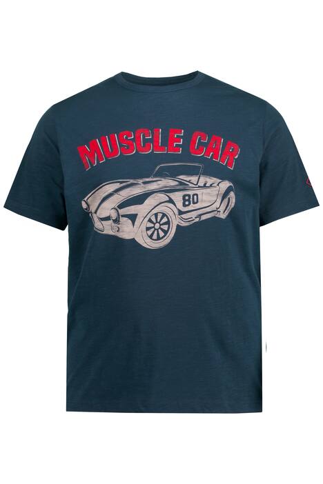 Tričko, džínovina, krátké rukávy, potisk na zádech Sportscar, žíhaný žerzej, do 8XL