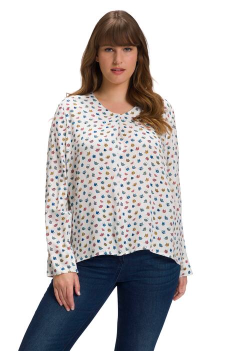 Halenka, potisk, ozdobné sklady, výstřih do V, dlouhé rukávy