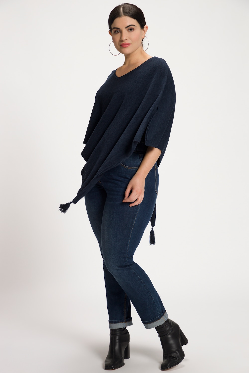 Plus Size Fine Ribbed Knit Tassel Trim Poncho, Woman, blue, size: 32-38, viscose/cotton/synthetic fibers, Ulla Popken