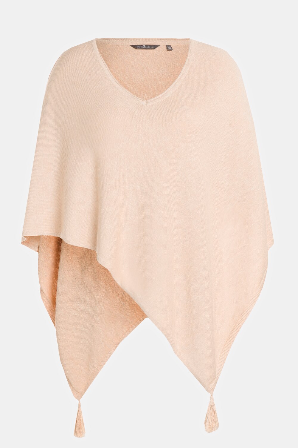 Plus Size Fine Ribbed Knit Tassel Trim Poncho, Woman, beige, size: 24-30, viscose/cotton/synthetic fibers, Ulla Popken