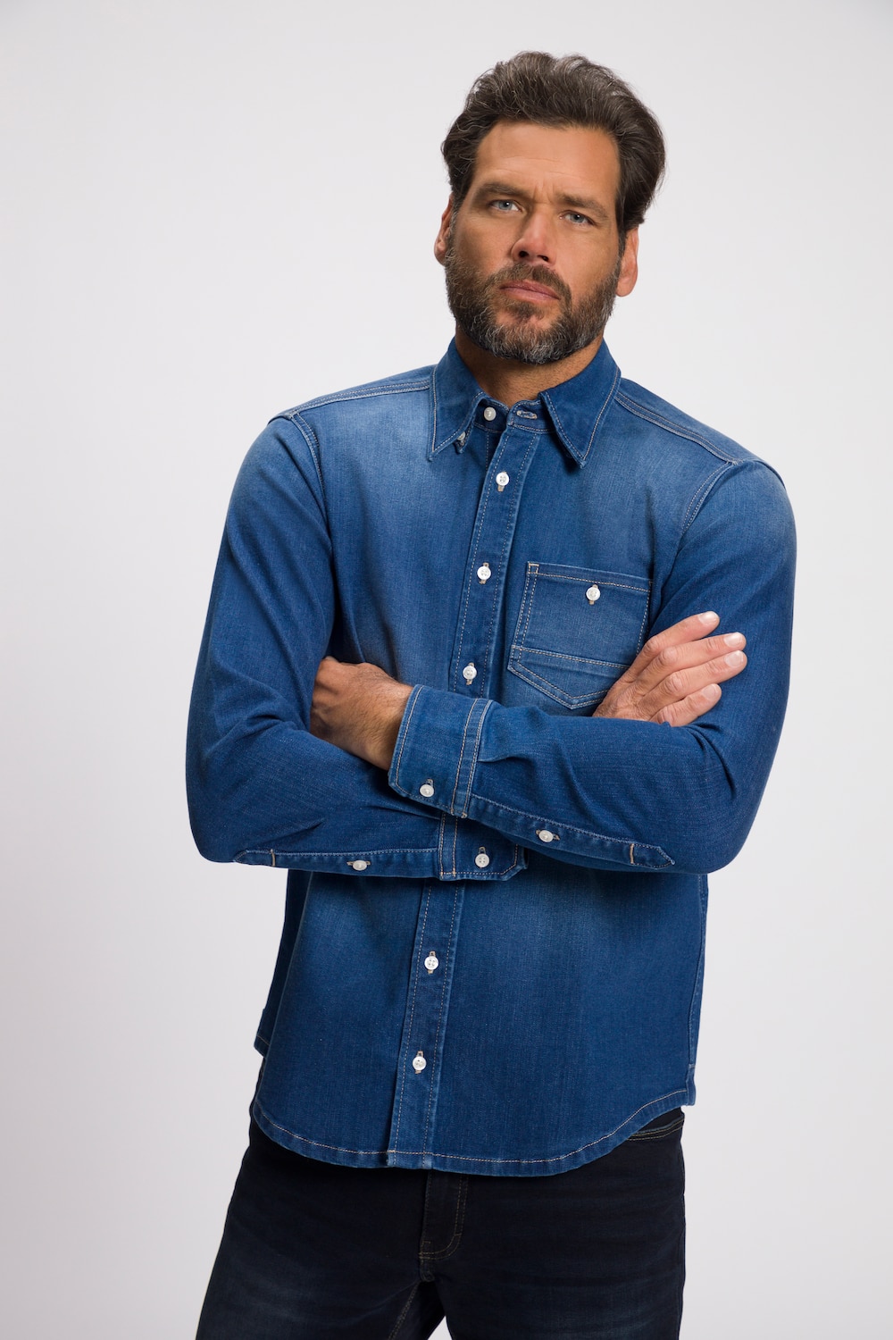 grandes tailles chemise en jean à manches longues et col à pointes boutonnées - coupe modern basic fit, hommes, bleu, taille: 3xt, coton/polyester, jp1880