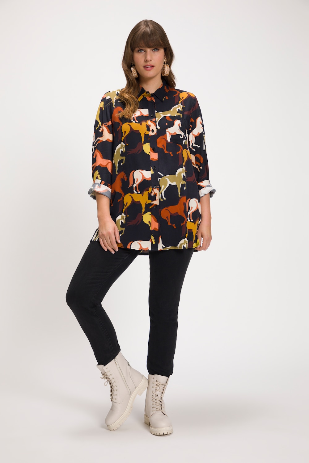 Grote Maten overhemdblouse met horseprint, Dames, zwart, Maat: 50/52, Viscose, Ulla Popken