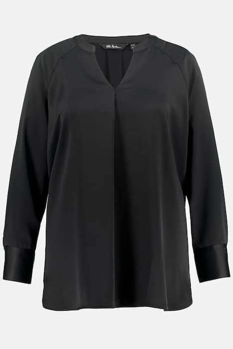 Satinbluse, Stehkragen, Zierfalte, V-Ausschnitt, Langarm