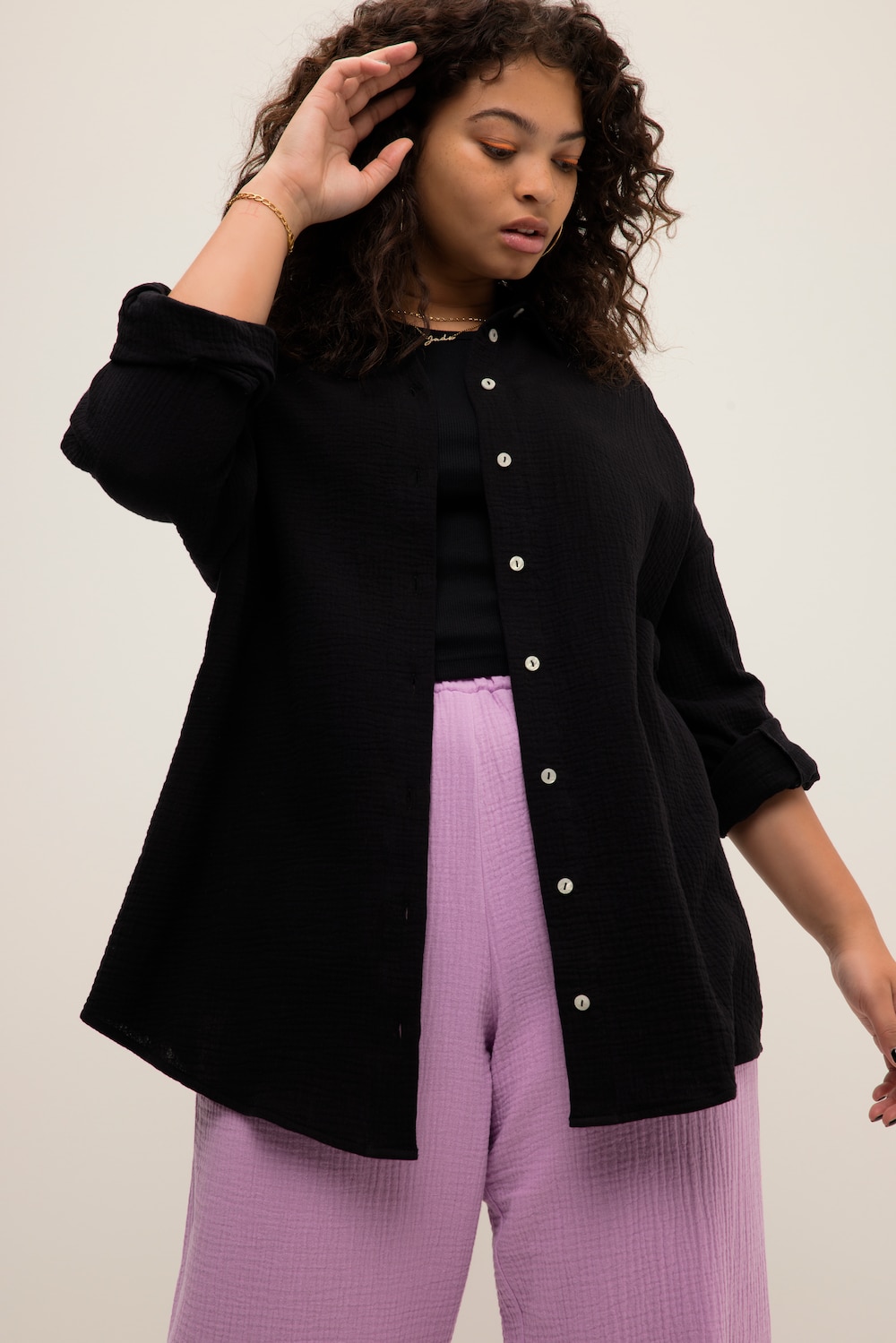 Grote Maten mousseline blouse, Dames, zwart, Maat: 46/48, Katoen, Studio Untold