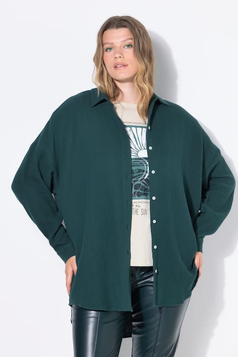 Mousseline blouse, oversized, overhemdkraag, lange mouwen