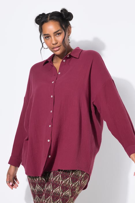 Mousseline blouse, oversized, overhemdkraag, lange mouwen