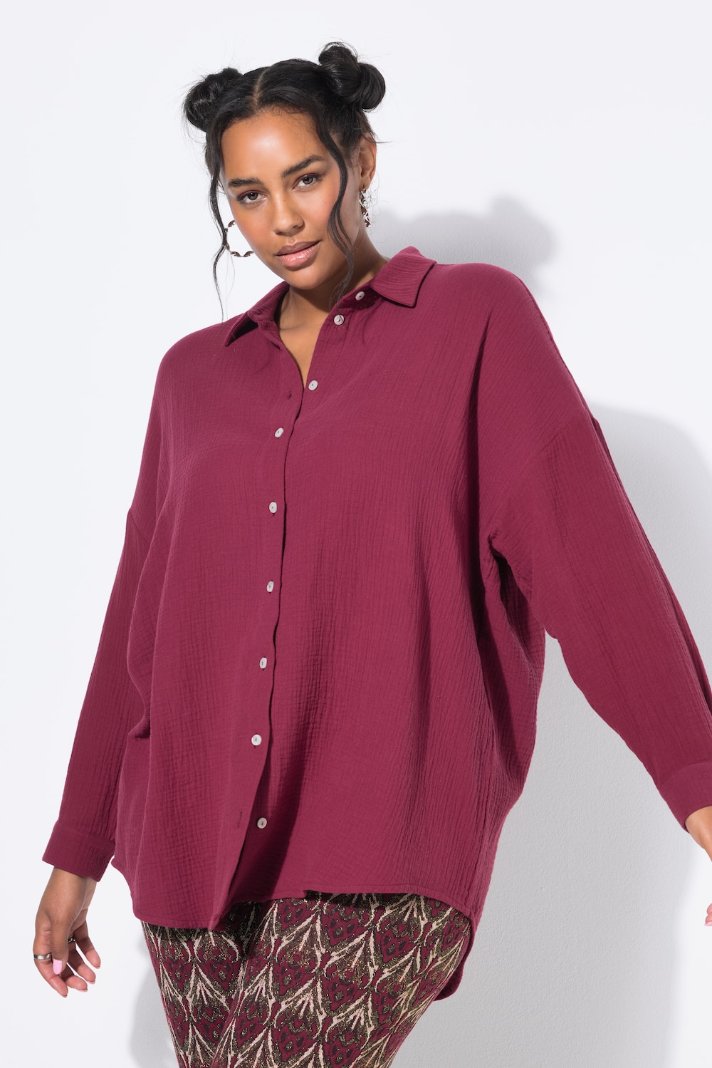 Musselin Bluse, oversized, Hemdkragen, Langarm