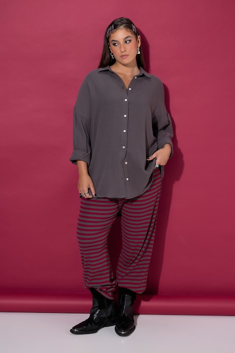Musselin Bluse, oversized, Hemdkragen, Langarm